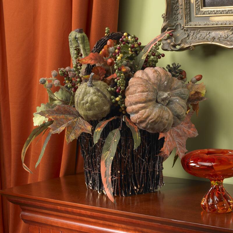 Fall Table Centerpiece Pumpkin Berry Arrangement - Autumn Harvest Decor for Home Holiday Table - 15