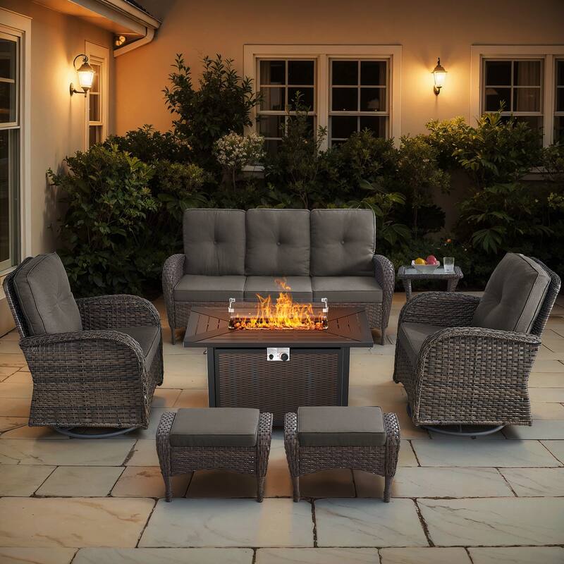 Gymojoy 7-Piece Outdoor Wicker Set with Fire Pit, 3-Seater Sofa, Swivel Chairs & Ottomans - Brown Wicker / Grey Cusion - 7-Piece