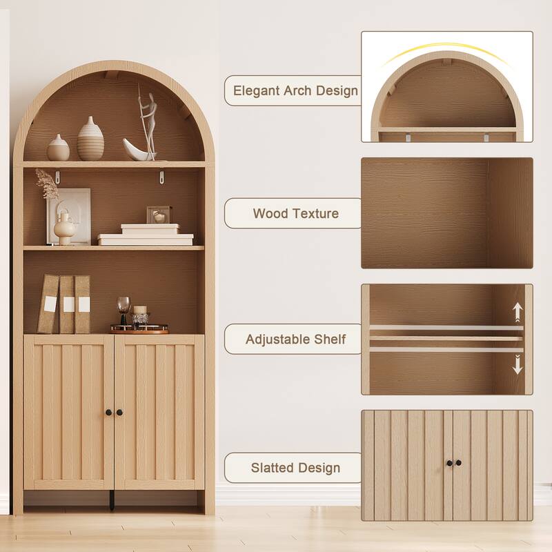 Accent Cabinet with Arched Top, Storage Cabinet with Slatted Doors, Buffet Sideboard with Adjustable Shelves