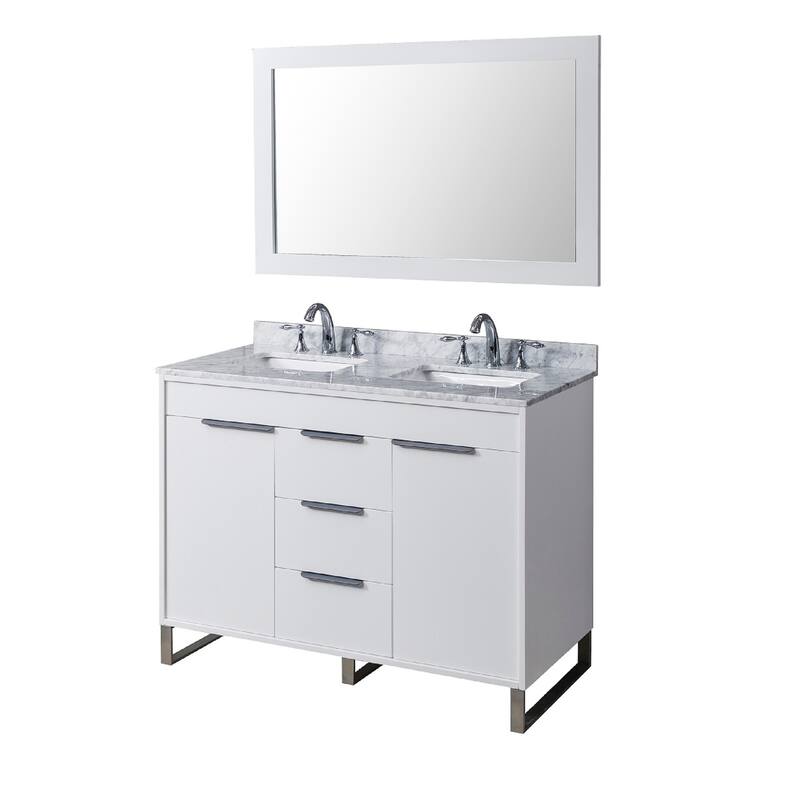 Luca 48 in. Vanity in White with White Carrara Marble Top with white basins and Mirror