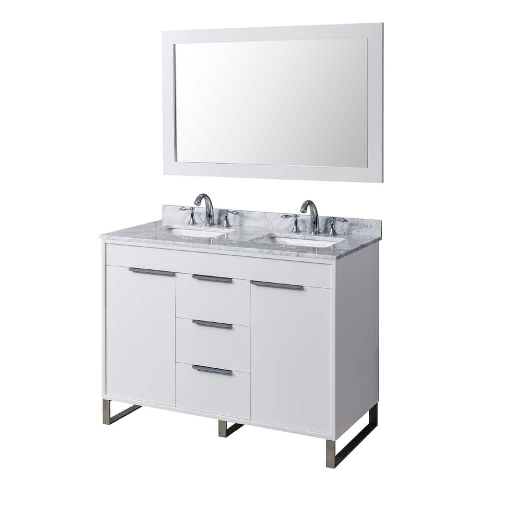 Luca 48 in. Vanity in White with White Carrara Marble Top with white basins and Mirror