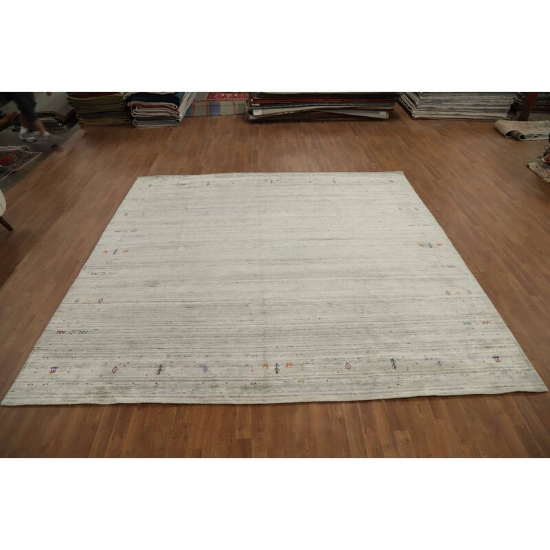 Hand Knotted Oriental Viscose Silk Carpet Tribal Animal Pictorial Beige & Ivories Gabbeh Area Rug - 9' 10'' X 10' 5''