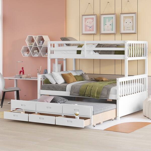 slide 2 of 51, Separable Twin Over Full Bunk Bed Storage Platform Bed with with Pull-out Trundle, Drawers, Ladder and Safety Fence White - Full