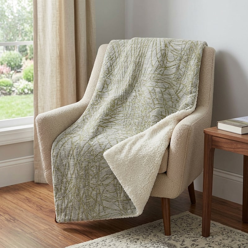 HomeRoots 50" X 70" Sage And Beige Abstract Polyester Woven Plush Throw Blanket - Throw - Beige/Sage