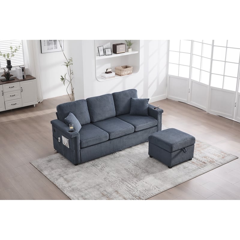 L-Shaped Sectional Sofa with Pull-Out Storage,Ottoman & Pillows 3-Seat with USB Charging,Cup Holder, Convertible Design