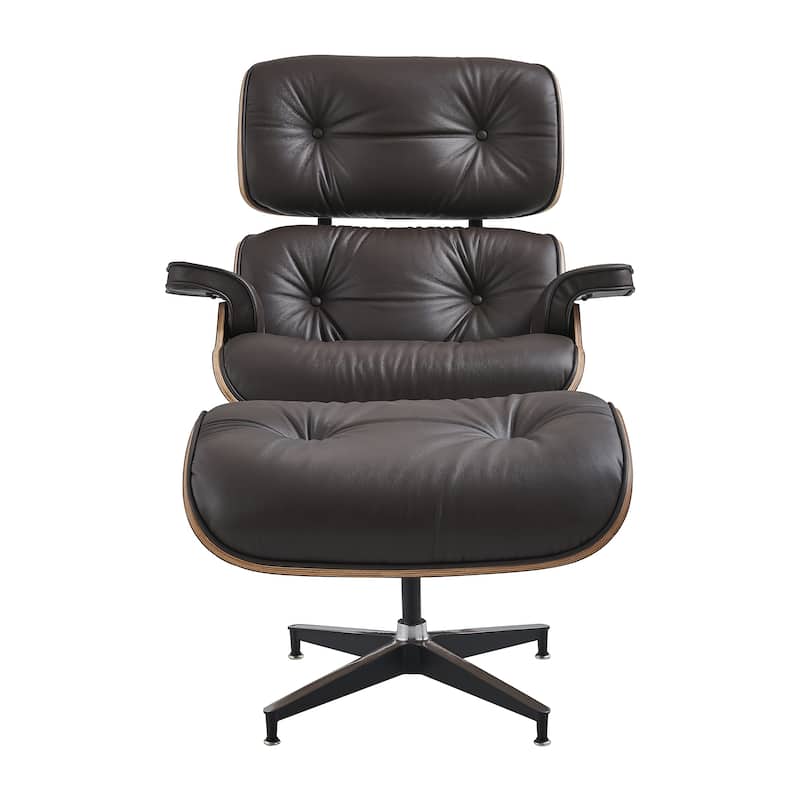 Mid-century Modern Lounger Real Leather Arm Chair and Ottoman Set - Standard - Walnut&Darkbrown