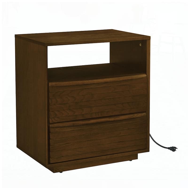 Nightstand with Charging Station and 2 Solid Wood Drawers