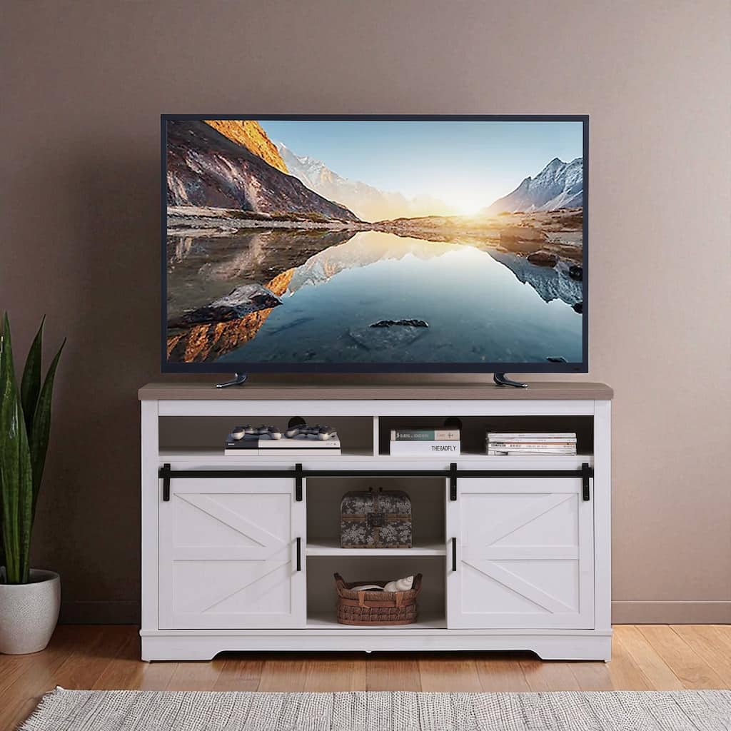 Farmhouse Highboy TV Stand 33" Tall for 65-70" TVs, 60" Top, Sliding Barn Doors, Rustic Media Console with Storage Shelves