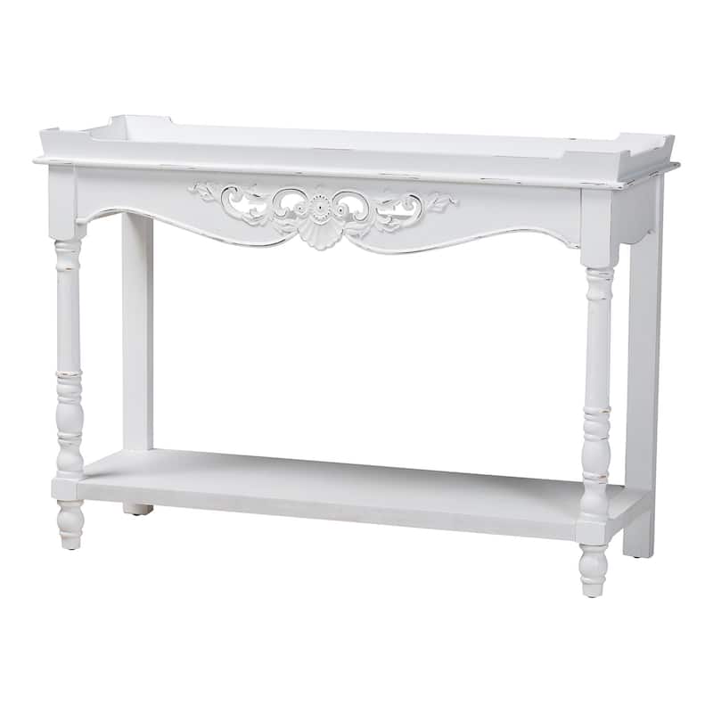 Rafferty Distressed Console Table - Vintage White Accent Table with Ornate Carved Apron and Shelf, Classic Entryway Table - White