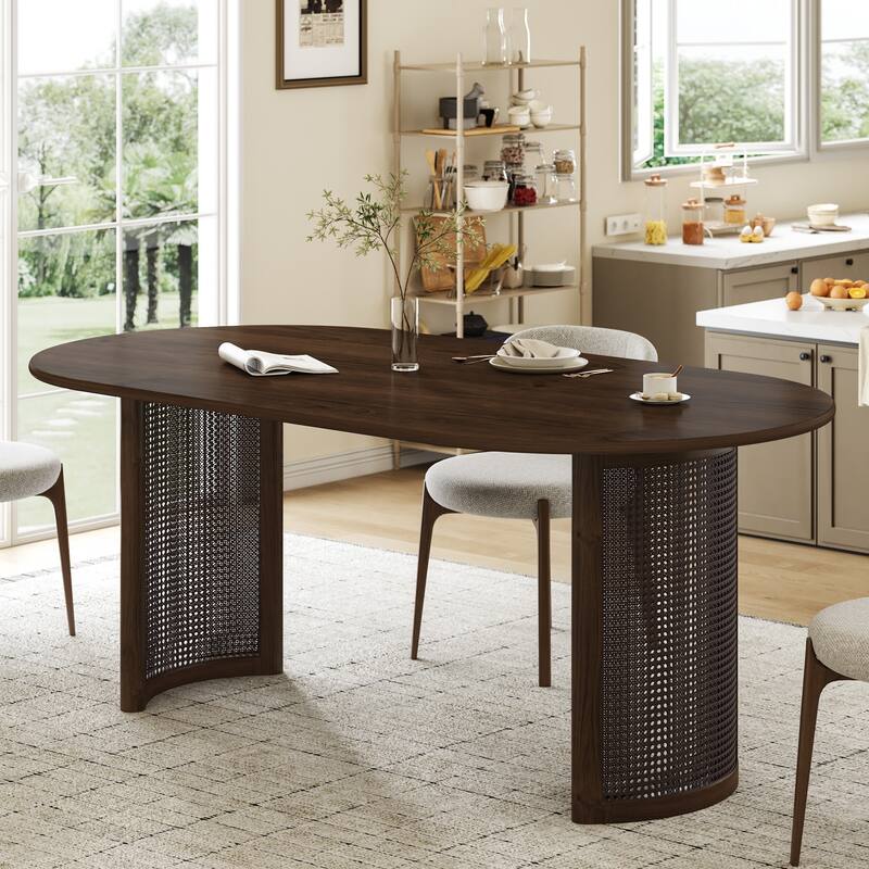 Oval Dining Table with Arc-Shaped Edge Top and Rattan Woven Base Modern Farmhouse Kitchen Table for Living Room Dining Room