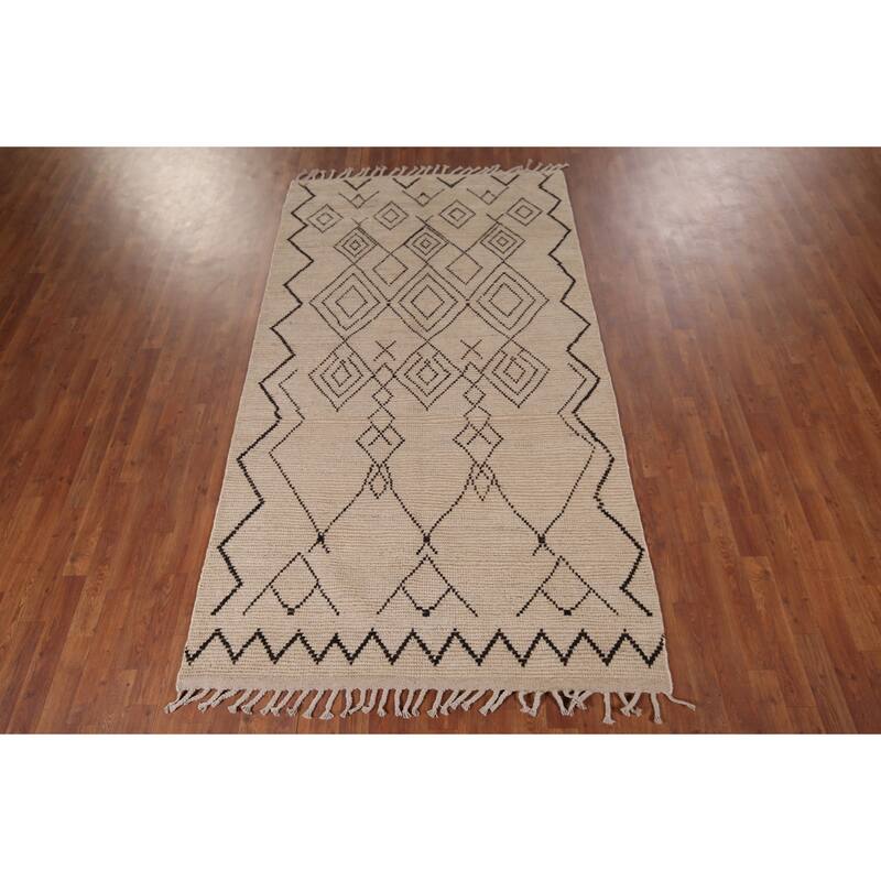 Beige Moroccan Oriental Area Rug Hand-Knotted Wool Carpet - 4'8" x 8'3"
