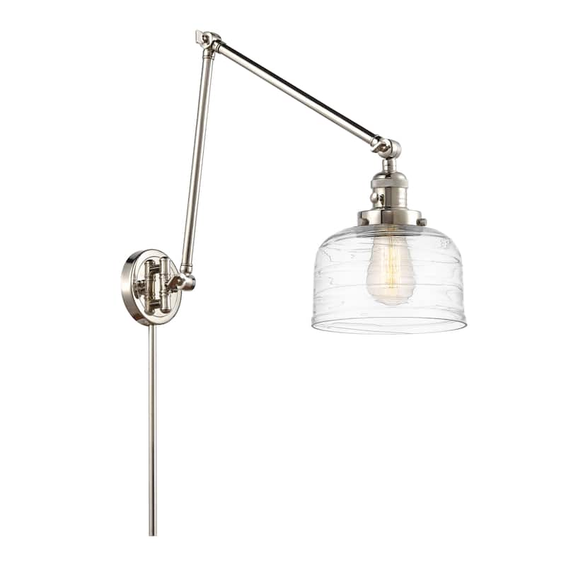 Innovations Lighting Bell - 1 Light 8" Double Extension Swing Arm - 8" Shade - Plug In or Hardwired - Polished Nickel/Clear Deco Swirl