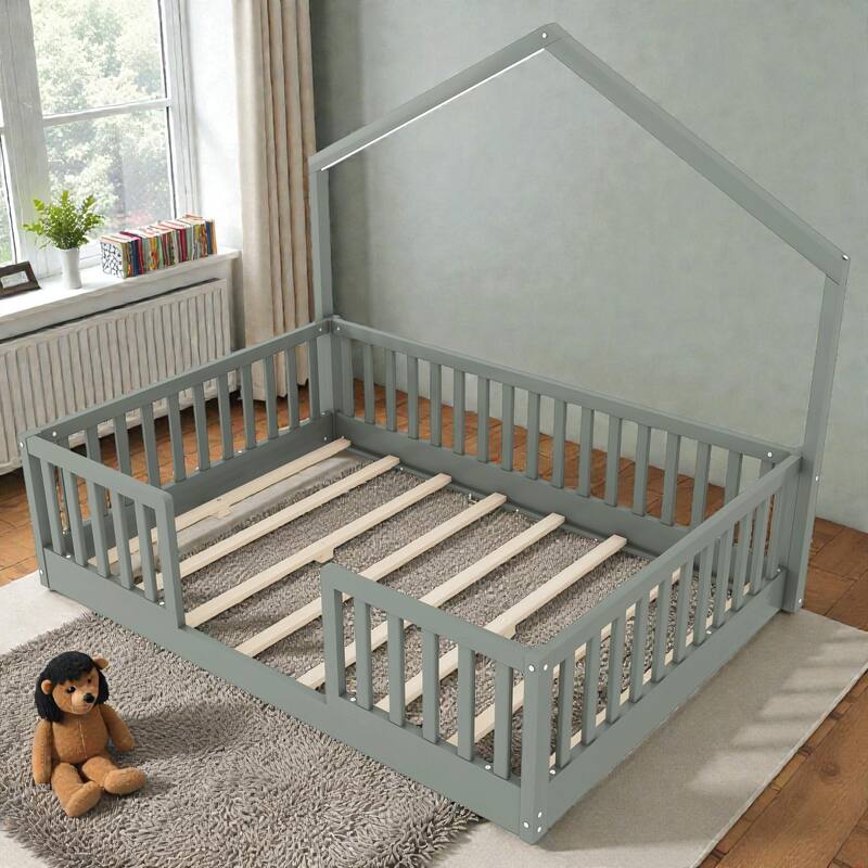 Wood Floor Bed with High Guardrails and LED Light, Montessori Style Low Profile Bed for Kids