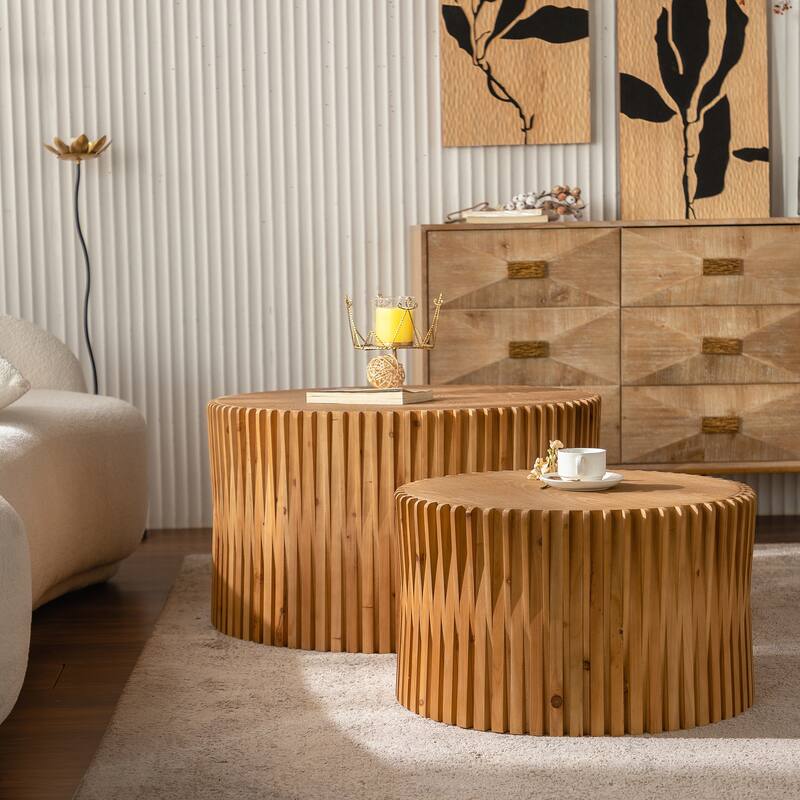 Fashion Style Nesting Coffee Table Set with Vertical Textured Embossed Design for Living Room, Office and Dining Room(Set of 2)
