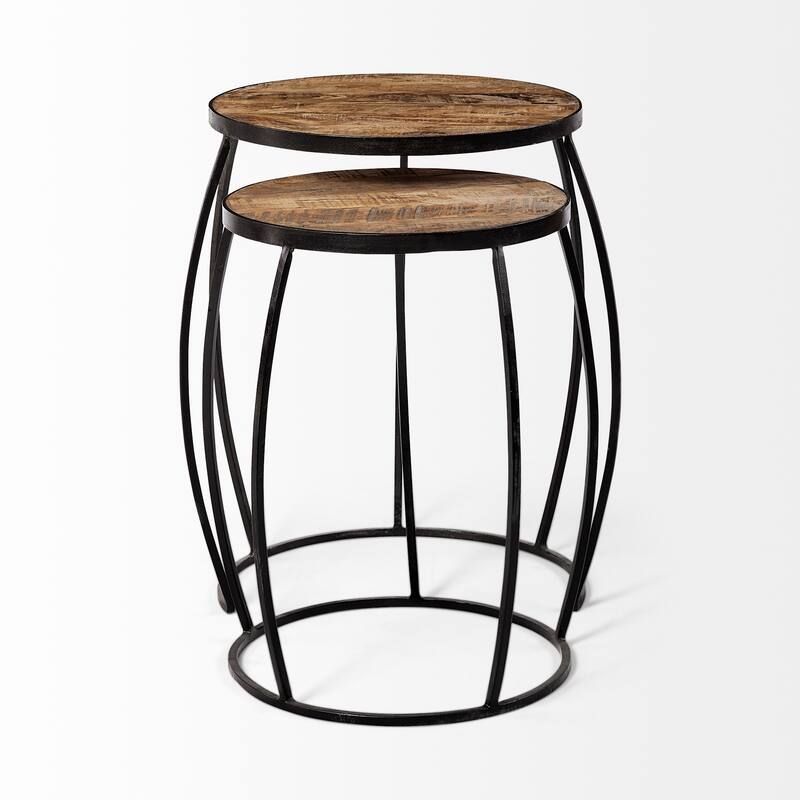 Clapp IV Medium Brown Solid Wood w/ Black Iron Frame Nesting Accent Tables - 20"L x 20"W x 26"H