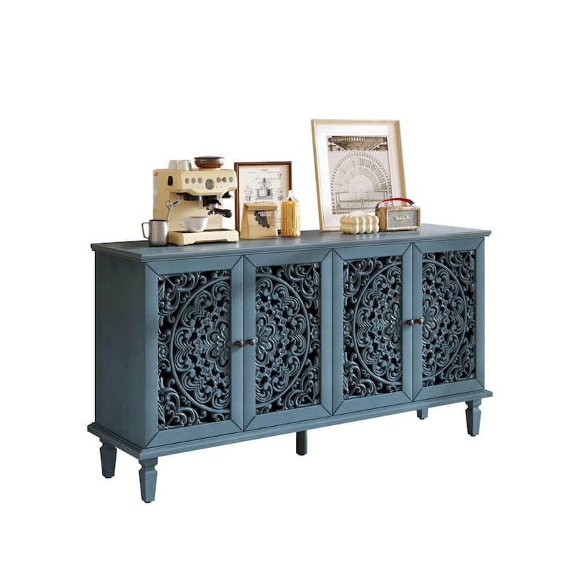 60" Antique Buffet Cabinet with Floral Carvings with Solid Wood Legs&Antique Brass Handles&Adjustable Shelves,TV Stand for 65'