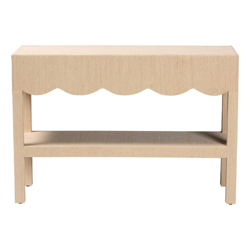 Mason Natural Grasscloth Console Table - Two-Tier Entryway Table with Scalloped Apron, Modern Coastal Accent Table