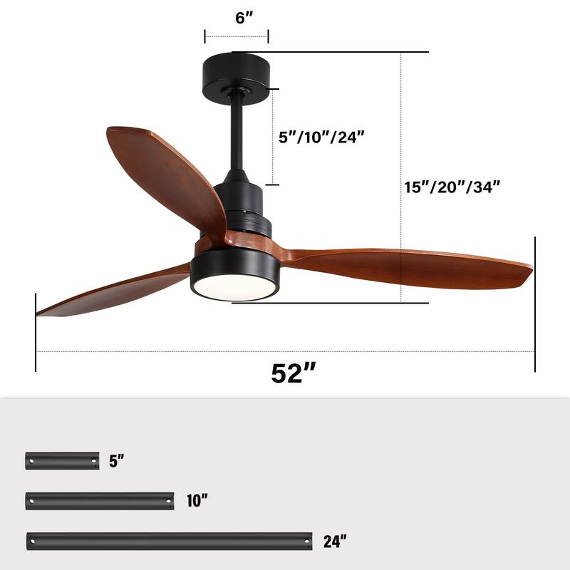 Sofucor 52" Indoor Wood Ceiling Fan Light with Remote, Integrated Light Optional