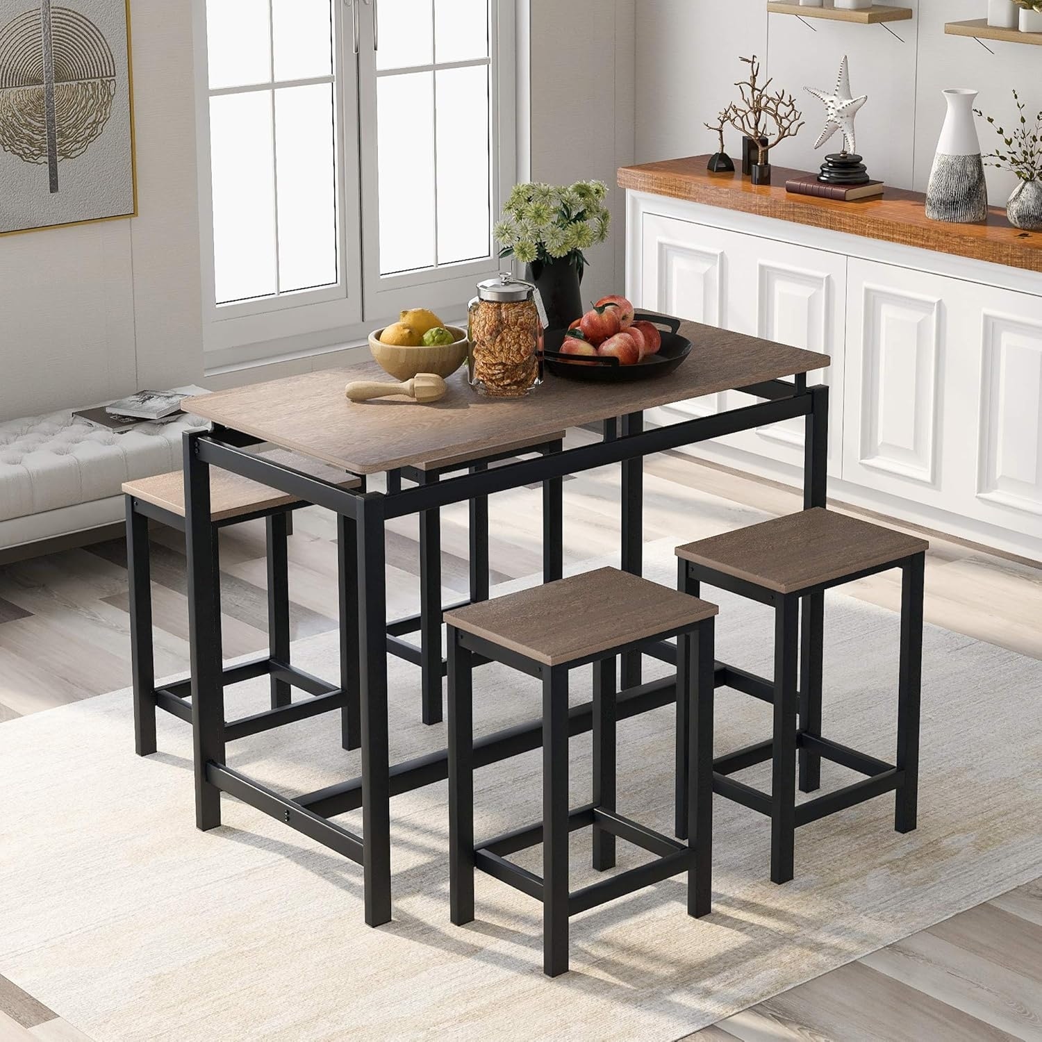 4-Piece Counter Height Dining Table Set with Stools and Storage Shelves, Dark Brown