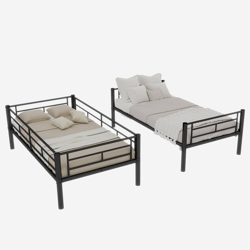 Twin Over Twin Metal Bunk Bed for Kids Boys Girls, Metal Structure Bedframe with Ladders & Guardrail, Convertible 2 Beds