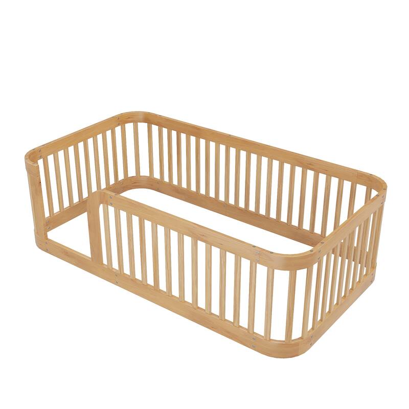 Floor Bed Frame with Fence, Montessori Toddler Bed, No Slats, No Doors, Rounded Corners Wooden Bed