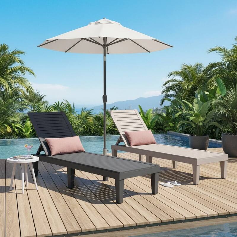 Adjustable 5-Position Reclining Sun Lounge Chair with Wood Texture Design - UV-Protected, Weatherproof Polypropylene Resin - grey