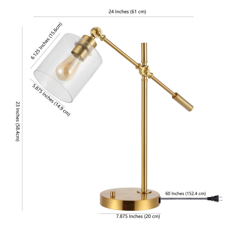 Jason Classic 23" Iron/Seeded Glass Adjustable Head Modern USB Charging LED Task Lamp, Brass Gold by JONATHAN Y - 1 Bulb