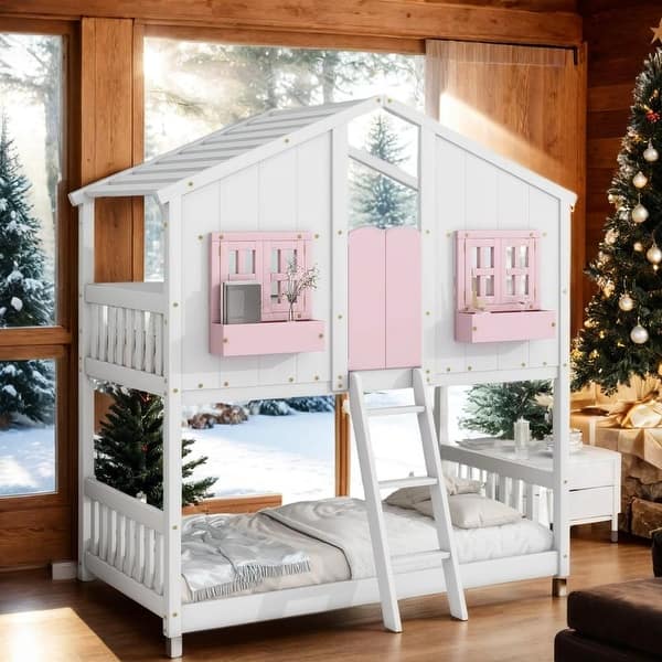 slide 2 of 24, Artsy Twin over Twin Wood House Roof Bunk Bed with Roof, Window Box, Door, Safety Guardrails and Ladder Pink