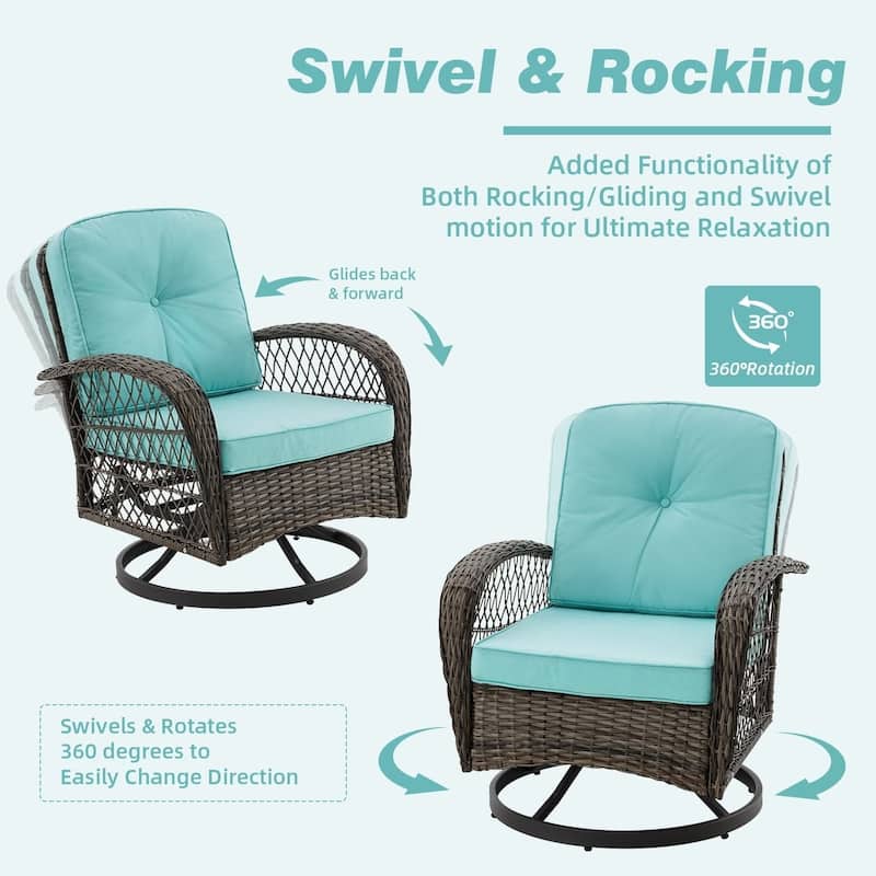 EROMMY Outdoor 3 Pieces Swivel Rocker Patio Chair Sets with Glass Table, All-Weather Wicker & Thickened Cushions for Backyard