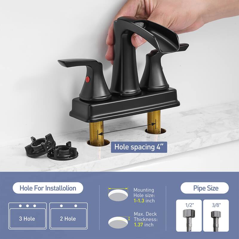 4 in. Centerset Double Handle Waterfall Bathroom Faucet with Pop-up Drain Kit Sink Vanity Basin Taps