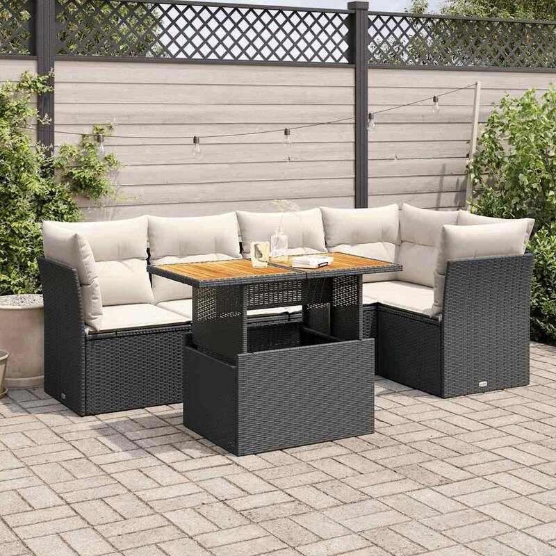 vidaXL Patio Sofa Set with Cushions Table and Sofas Outdoor 6 Piece Poly Rattan - 21.7 x 39.4 x 28.7 - Black and cream