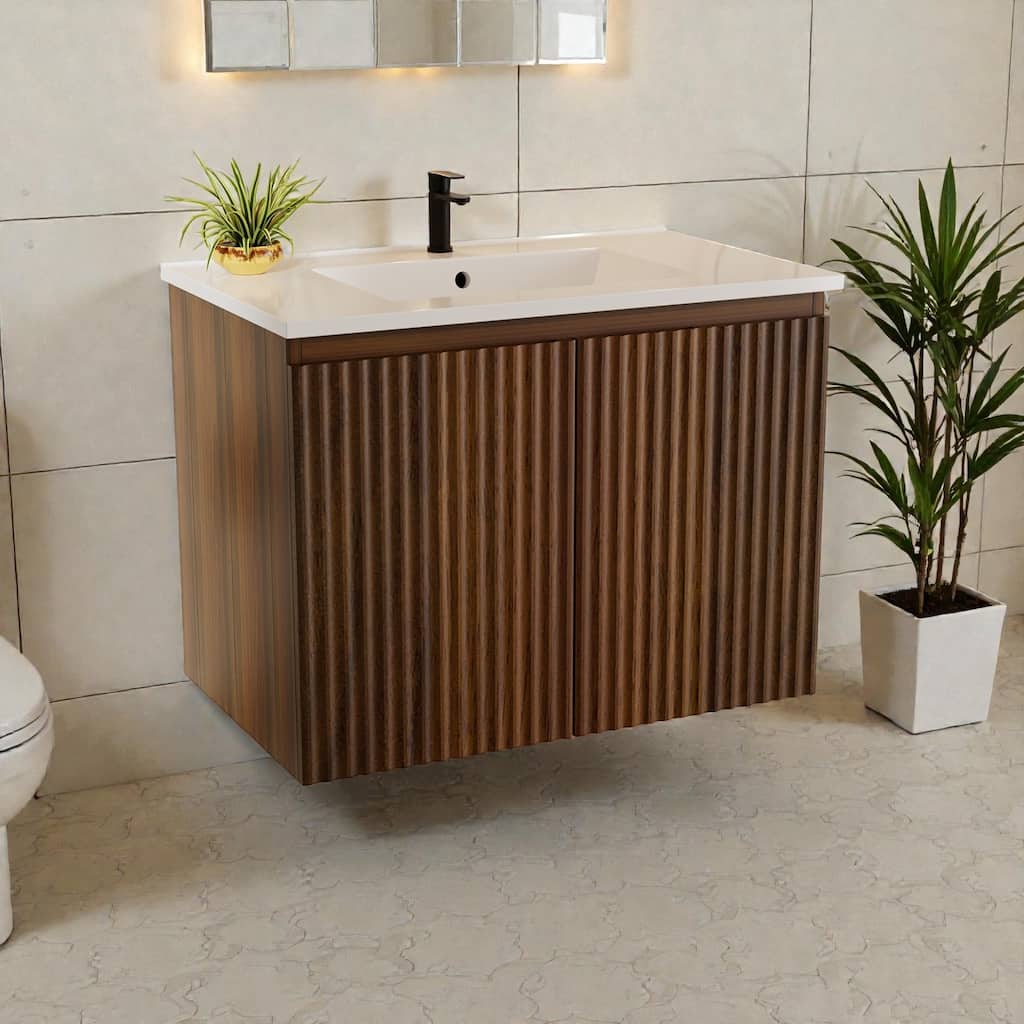 30 Inch Folding Wall Cabinet with Ceramic Sink, Patented 1-Minute Install, Space-Saving Modern Bathroom Cabinet