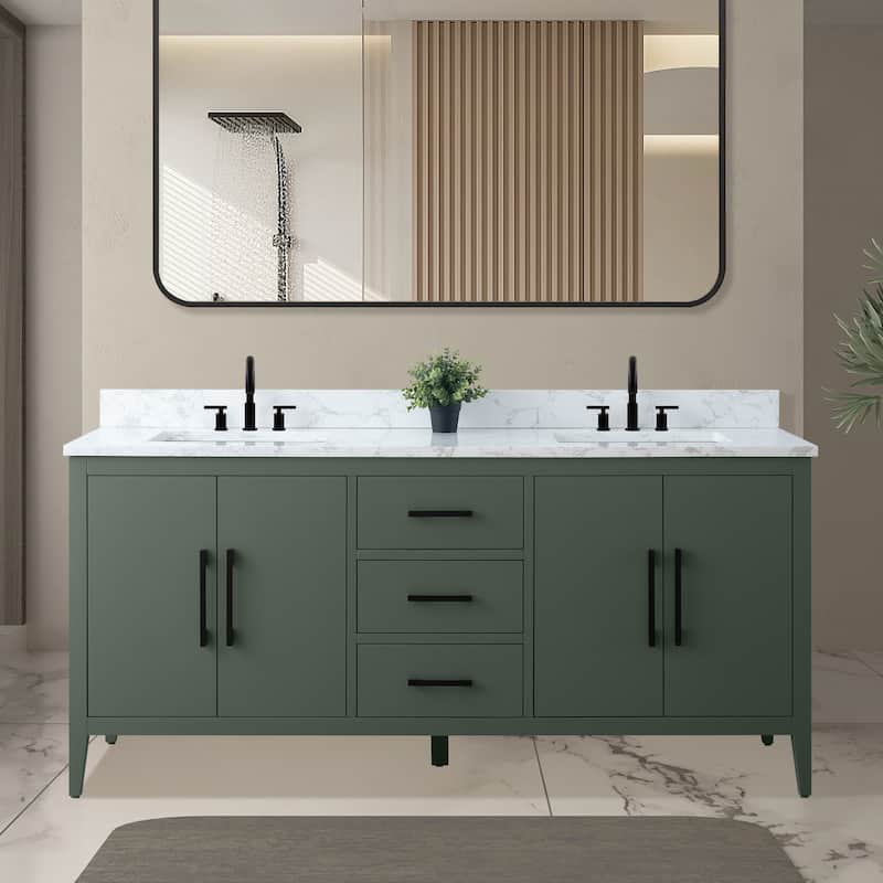 Vanity Art 72" Double Sink Bathroom Vanity Cabinet with Engineered Marble Top