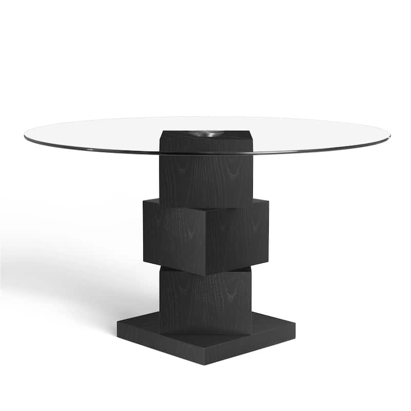 HomeRoots 51" Clear and Black Glass and Solid Wood Pedestal Base Round Top Dining Table - 51.18 in. x 29.53 in. x 51.18 in.