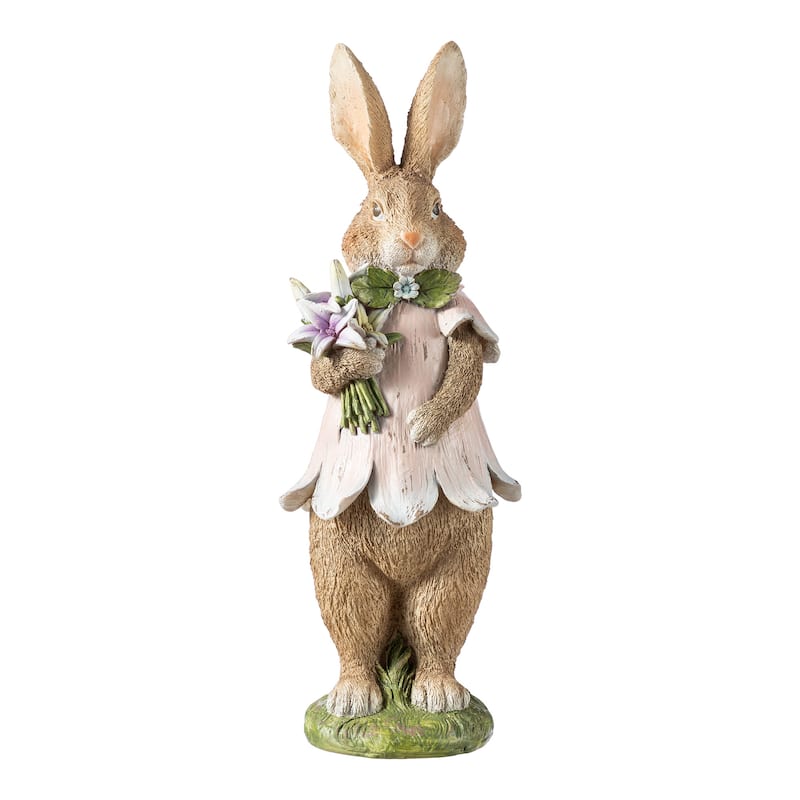 Glitzhome Easter Resin Bunny Boy Girl Table Decor with Flower Rabbit Figurine Ornaments