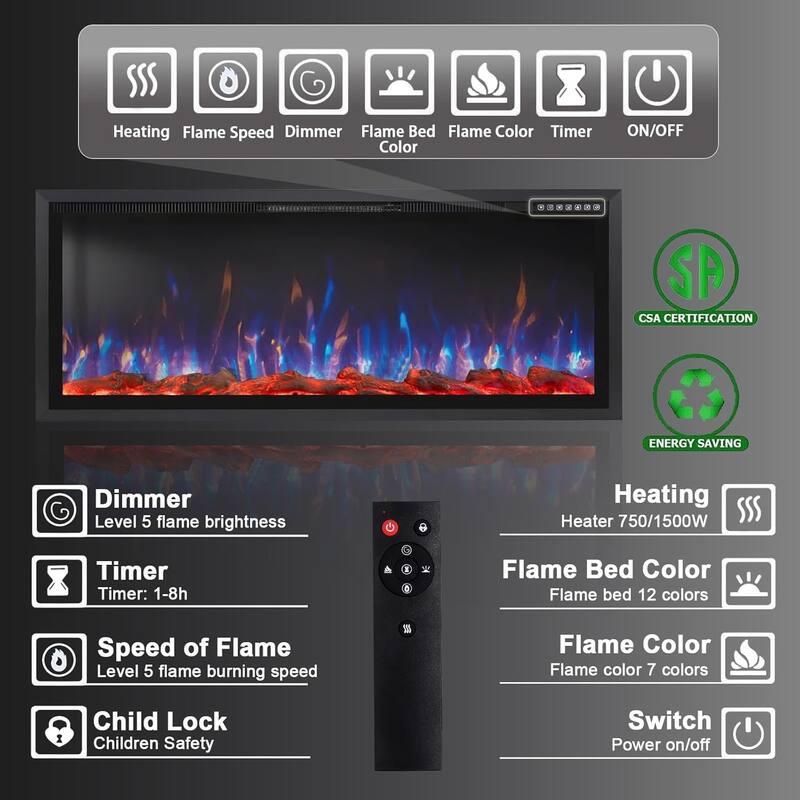 BOSSIN Recessed Wall Mount Electric Fireplace - Ultra-Narrow Frame, Low Noise, Remote w/Timer, Adjustable Flame Color & Speed