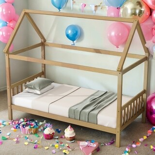 White Oak Rubber Wood House Bed,Twin Size Kids Bed