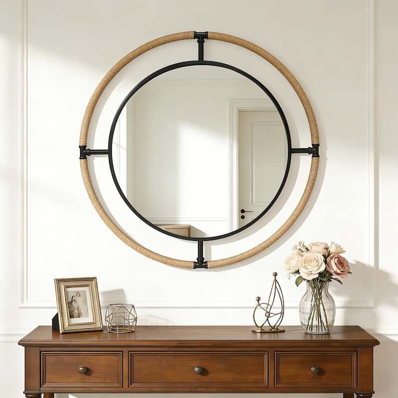 Coastal Rope & Iron Round Wall Mirror Hanging Decor for Living Room - 32"X32" - 32"X32"