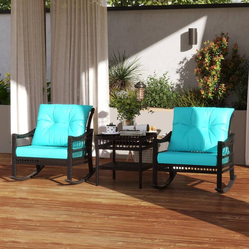 3 Piece Rattan Rocker Chair Set, Outdoor Rocking Chairs, Glass Table