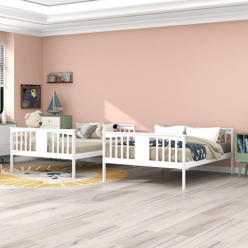 Full Over Full Bunk Bed with Ladder, Convertible to Two Full Beds, Solid Pine Frame, White