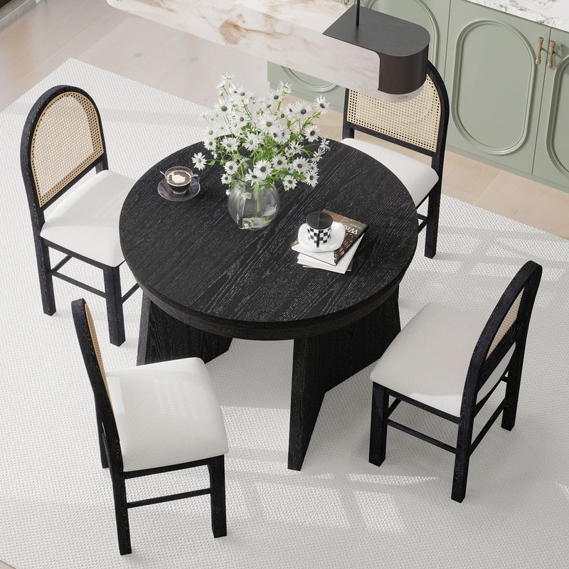 Spruce & Spring Round Dining Table Set for 4, Extendable 5-Piece Mid Century Modern Farmhouse Table with Rattan Chairs