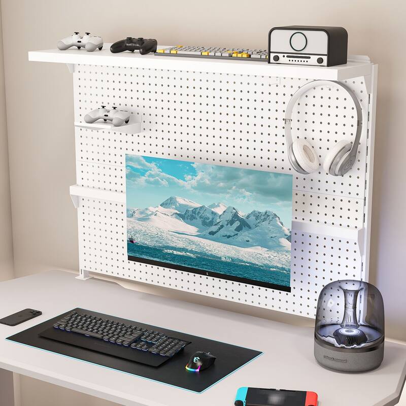 Clamp-On Desk Pegboard with Single Monitor Stand - White