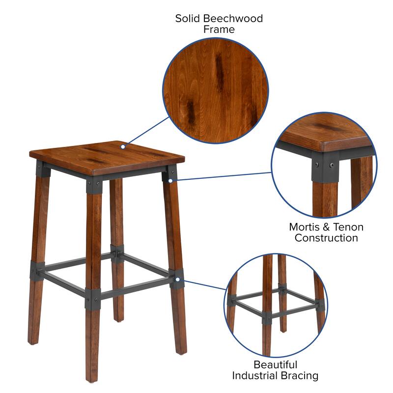 2 Pack Commercial Grade Rustic Industrial Style Backless Wood Barstool