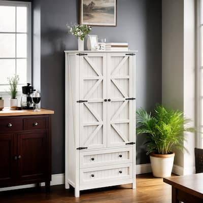 64" Farmhouse Tall Kitchen Pantry Storage Cabinet With Adjustable Shelves & 2 Drawers