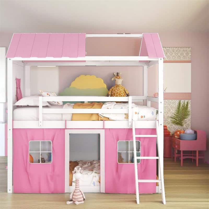 Full Size Bunk Wood House Bed with Elegant Windows,Sills and Tent - White+Pink