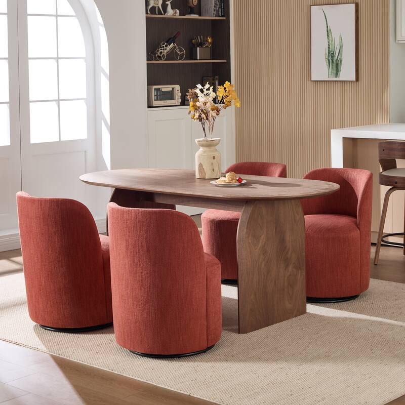 Set Of 1 Upholstered Barrel Chair, Mid Century Modern Round Linen Dining Chair, 360 Degree Swivel Side Chair for Dining Room