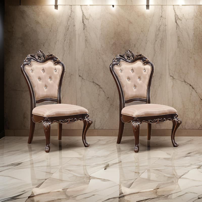 Leon 22 Inch Set of 2 Tufted Dining Chairs, Cherry Brown Wood, Beige Fabric