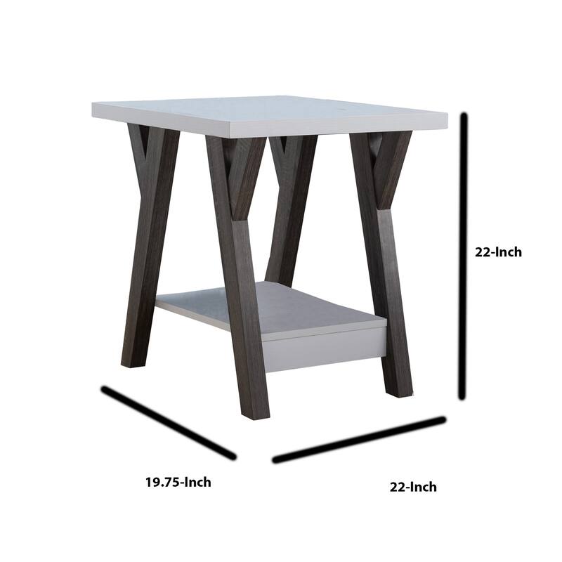 22 in. White and Distressed Gray Rectangle Wood End Table, Sturdy Build End Side Table for Living Rooms