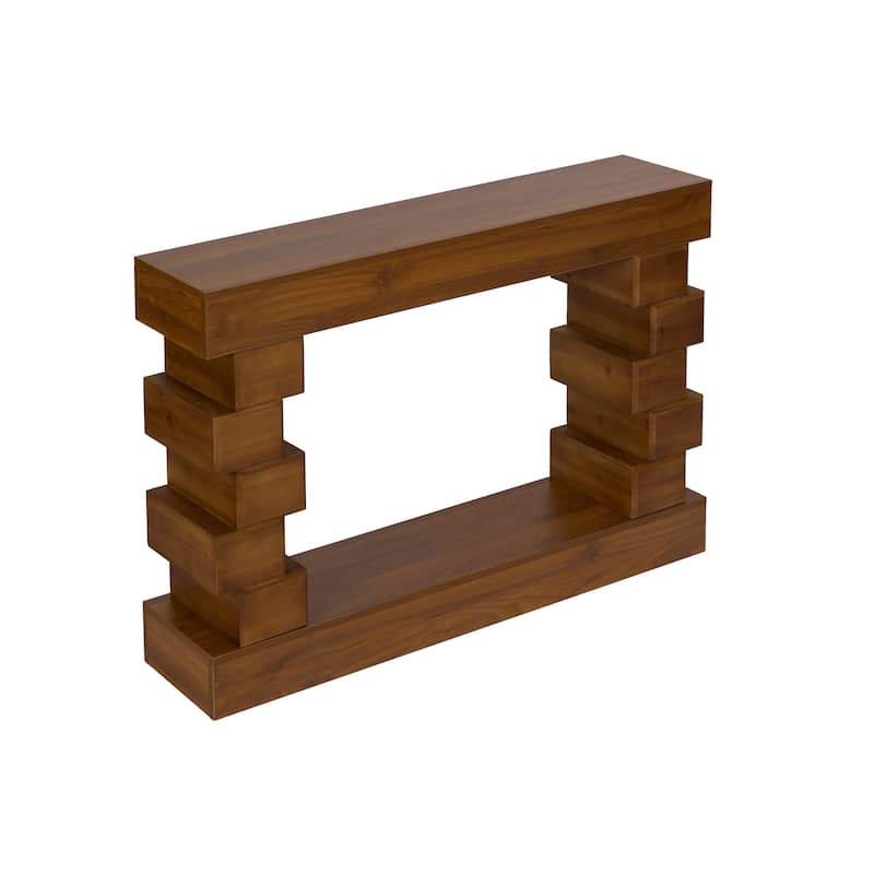 Geometric Block Stacked Wood Console Table with Warm Natural Finish