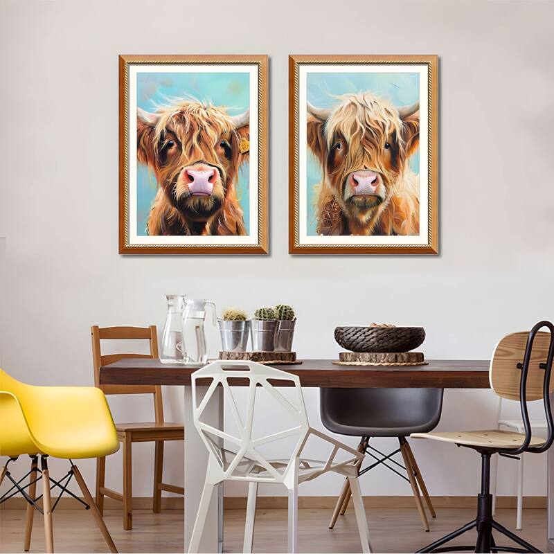 Set of 2 Highland Cow Framed Wall Art - Replaceable Canvas Prints with Solid Wood Picture Frames, Farmhouse Animal Wall Decor